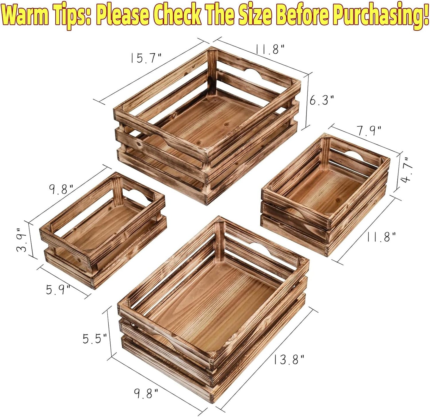 Set of 4 Large Torched Wood Decorative Storage Crates, Nesting Wooden Crates for Display Rustic, Farmhouse Wooden Storage Container Boxes Made from 100% Wood