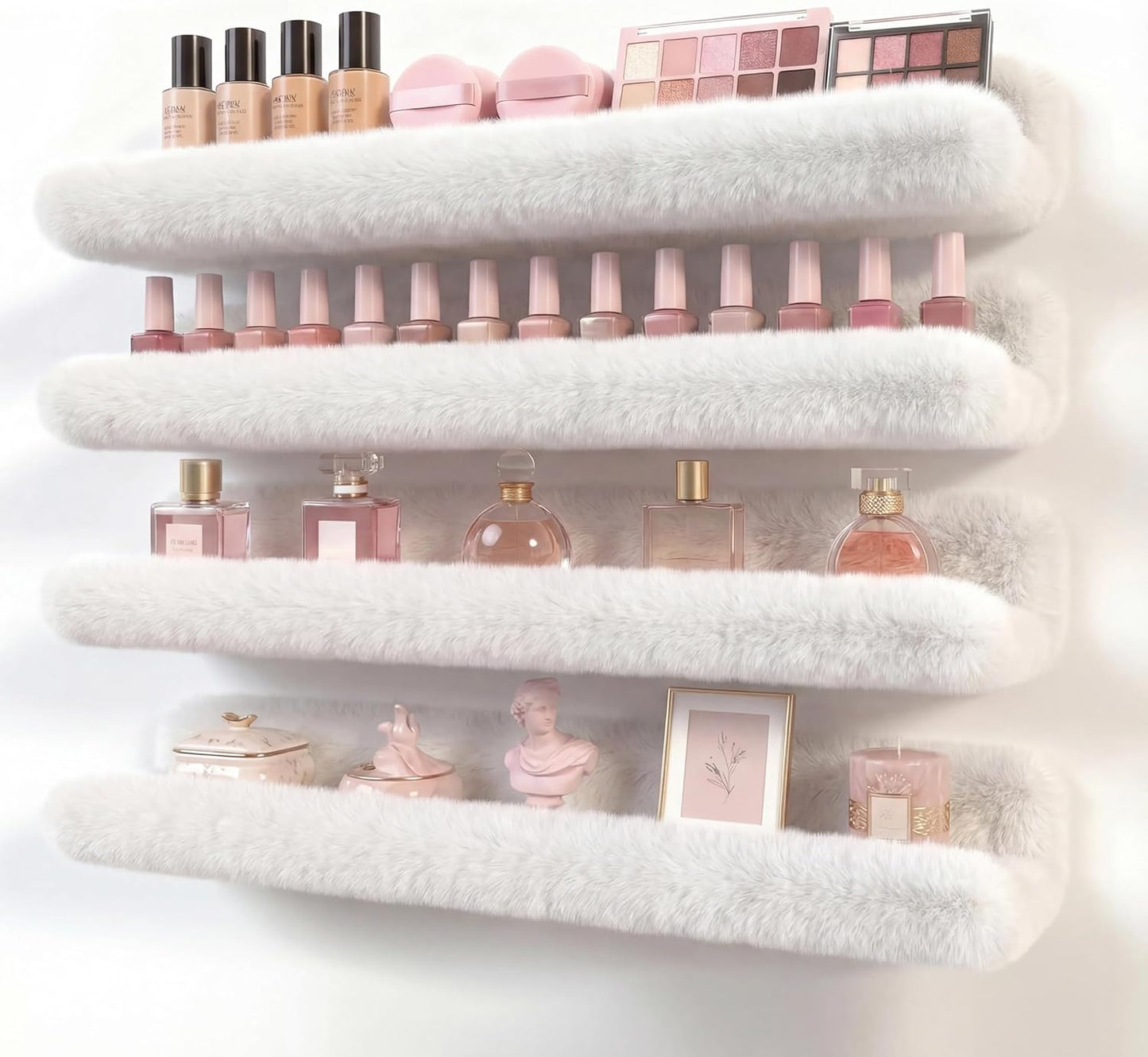Care&More YJ 15 Inch Nail Polish Shelves, 4-Pack Fluffy Nail Polish Rack for Storing Nail Bottles, Sunglasses, Essential Oils, Plush Soft White