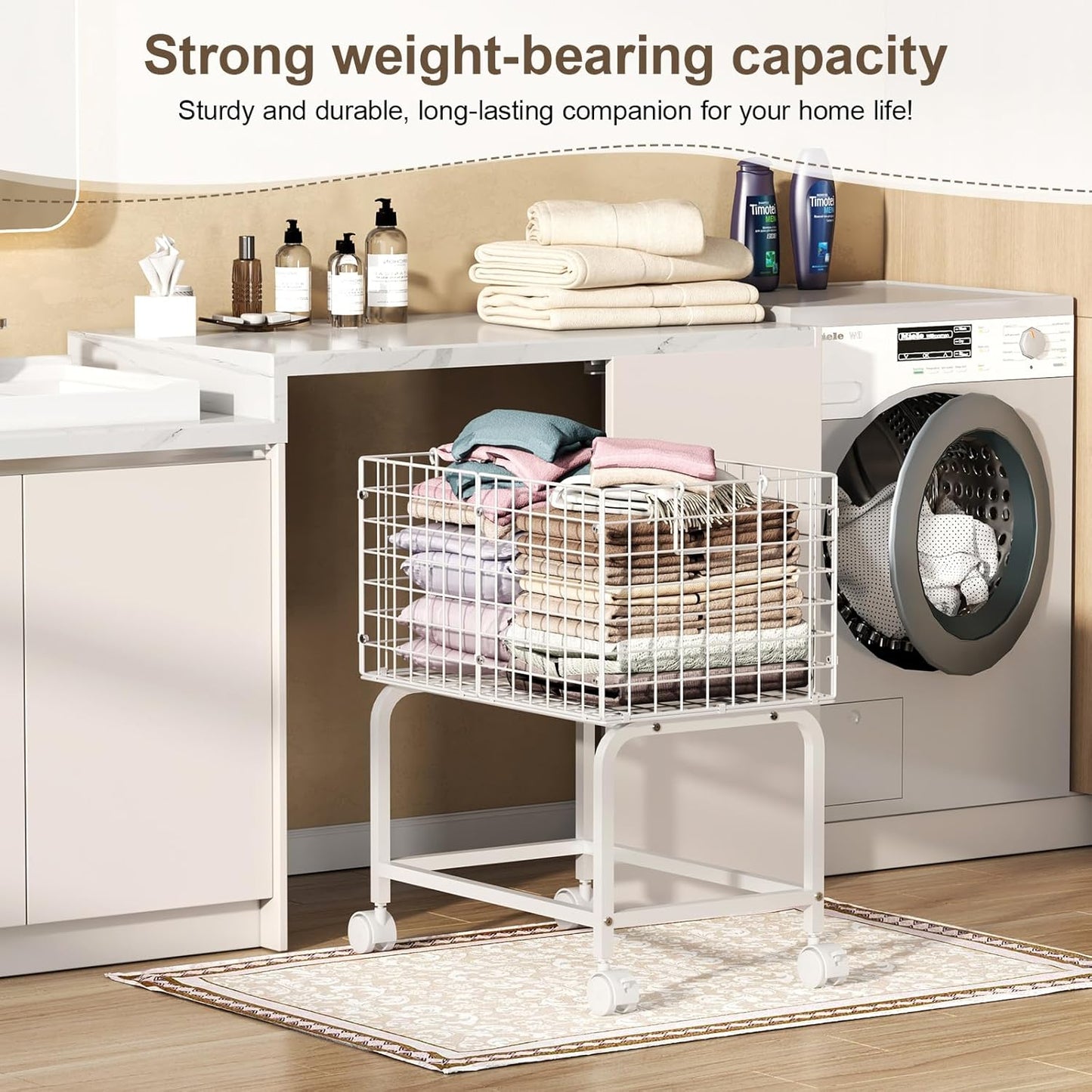 Wire Laundry Hamper Cart,80L Laundry Hamper Trolley with Pull Handle,White High Laundry Basket Cart for Laundry Room,Bathroom,Bedroom-White（23.6 * 15.75 * 28inch）