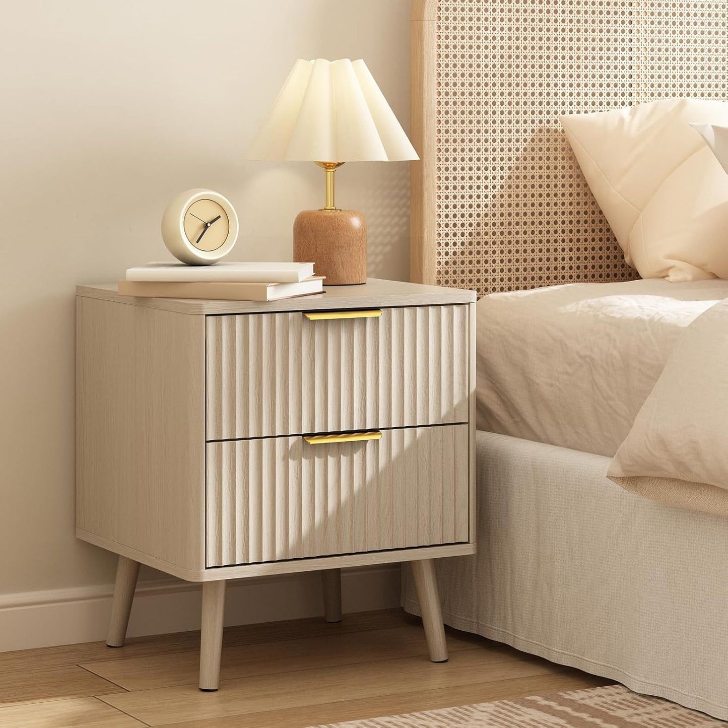 CARPETNAL Fluted Nightstand Set of 2, Beige Bedside Table with 2 Drawers and Gold Handles, Wood End Table Mid Century Night Stands for Bedroom Living Room