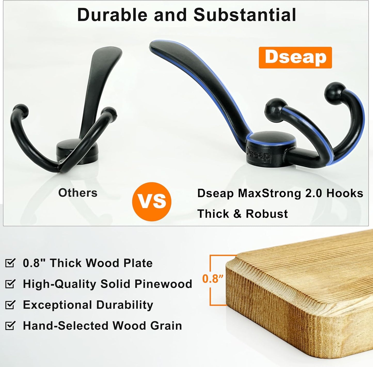Dseap Coat Rack Wall - Heavy-Duty 38-1/4" Long, with Reinforced 10 Custom Tri-Hooks, Solid Wood Wall Hanger for Coats Hat Jackets - Rustic Farmhouse Entryway Hallway Storage, Light Brown & Black