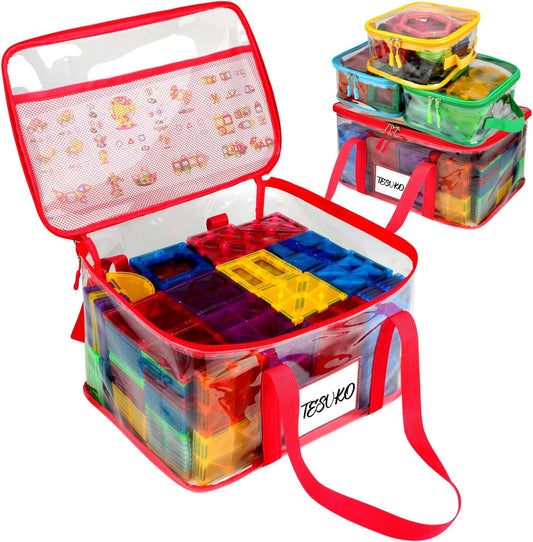 4 Pack Magnetic Tiles Storage Bag with Manual Pocket& Name Tag, Whole Clear PVC Magnetictiles Organizer Case for Magnetic Tiles, Building Blocks, Toy Cars, Board Game, Puzzle (Colorful)