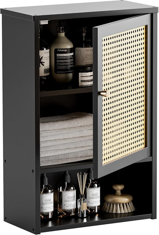 HITNET Wall Cabinet, Bamboo Medicine Cabinet with Single Rattan Door and Adjustable Shelf, Bathroom Hanging Storage Organizer Over Toilet for Small Space(Black)