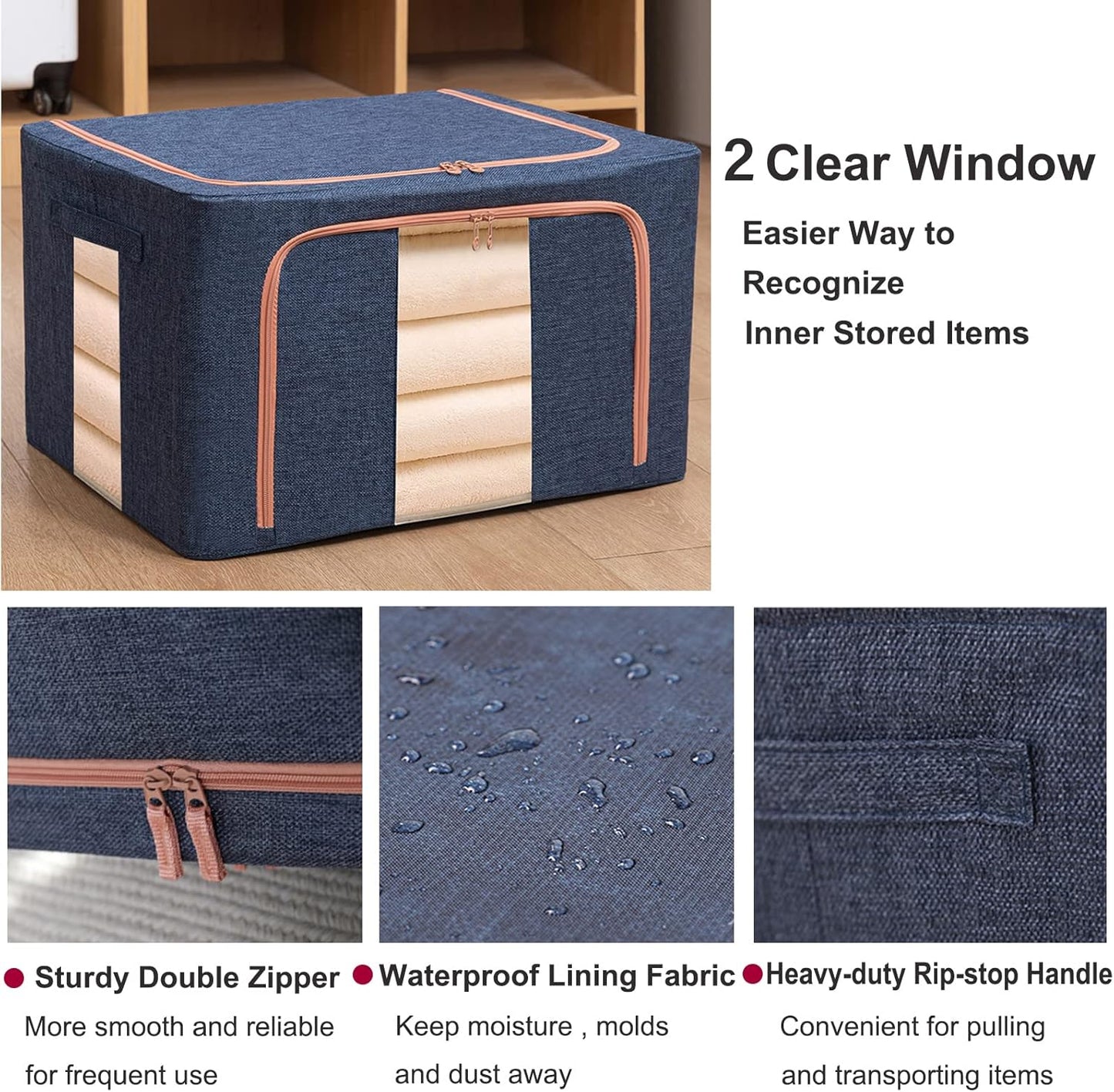 Clothes Storage Bags - Stackable Organizer with Foldable Shape Keeping Metal Frame, Zipper, Handles, Clear Window, Storage Container Box for Blanket, Sweater, Pillow Seasonal Clothing (66L x 2 Pack,