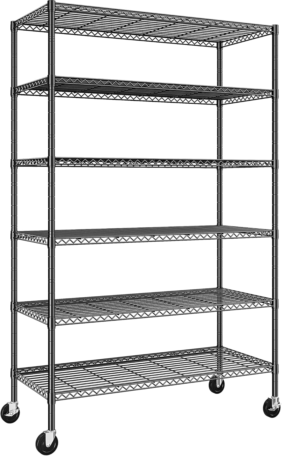 82" H X45 W X18 D Storage Shelves with Wheels, 6 Tier Wire Shelving Adjustable Metal Shelving Pantry Shelves Capacity 1200LBS for Garage Shelving, Pantry, Kitchen, Closet, Commercial, Black