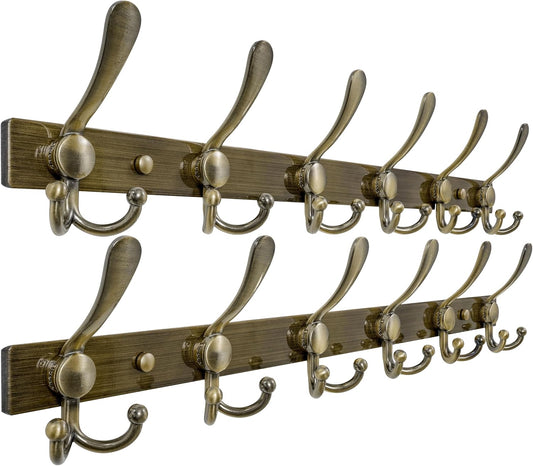 Dseap Coat Rack Wall Mount 2.0 Pro: 24” Long, 3X Tougher, Heavy Duty Stainless Steel Wall Coat Hanger with 6 Tri Hooks for Clothes Jackets Hats Entryway Closet, Bronze, Pack of 2