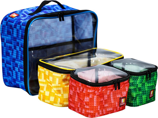 4-piece Kids Toy Storage Organizer Set Bag for Toy Building Bricks with See Through Clear TPU Top, Small Toy Packing Cube Bags, Clean Up Container case (grid pattern)