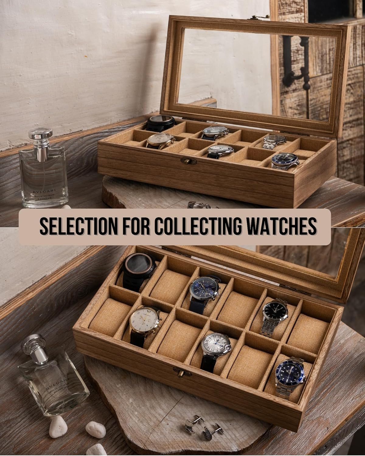 Watch Box, Watch Case for Men Women with Large Glass Lid, Wooden Watch Display Storage Box with 12 - Slots, Weathered Wood Mens Watch Box Organizer