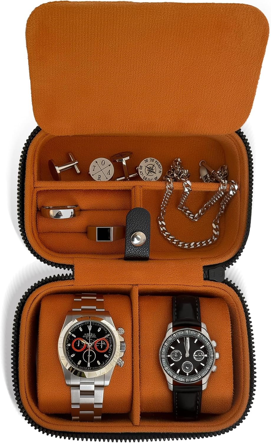 Galis Luxury Watch Travel Case for Men High End Portable 2-Slot Watch Holder and Watch Case, Premium Watch Box for Men, Jewelry Storage Organizer, Gift for Him, Fathers, Husband (Black & Orange)