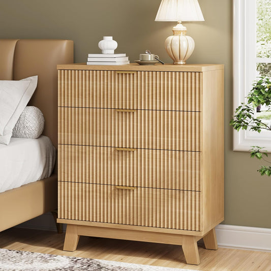 Fluted Nightstand, 31.5" Wide Side Table with 4 Large Storage Drawers, Mid Century Modern Wood Night Stand with Metal Handle, Wooden Bedside End Table for Bedroom, Living Room, Closet, Natural Oak
