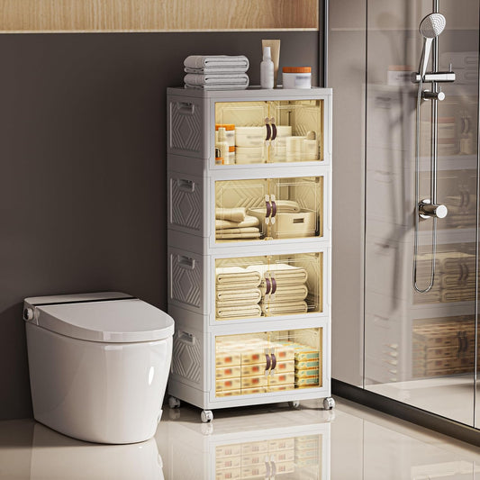 268 QT / 67 Gal White Storage Bins with 1 Lid - Collapsible Stackable Cabinet Organizer w/Wheels & Magnetic Doors, Plastic Storage Box for Office Closet Organization