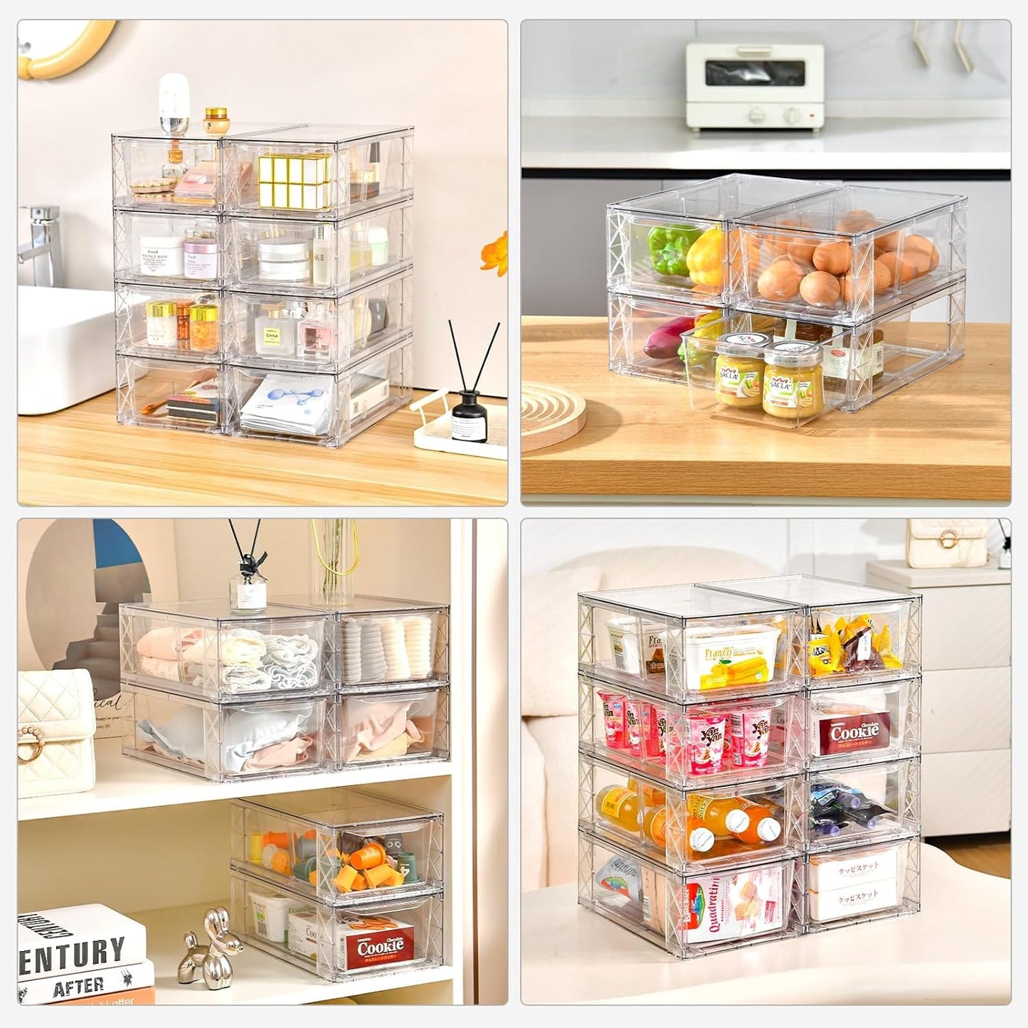 Clemate 6Pack Pantry Organizers and Storage,Clear Stackable Kitchen Storage Organizer,Foods Organizer Bins with Handles, Easily Assemble for Bathroom, Kitchen, Refrigerator, Pantry, Cabinet, Closet