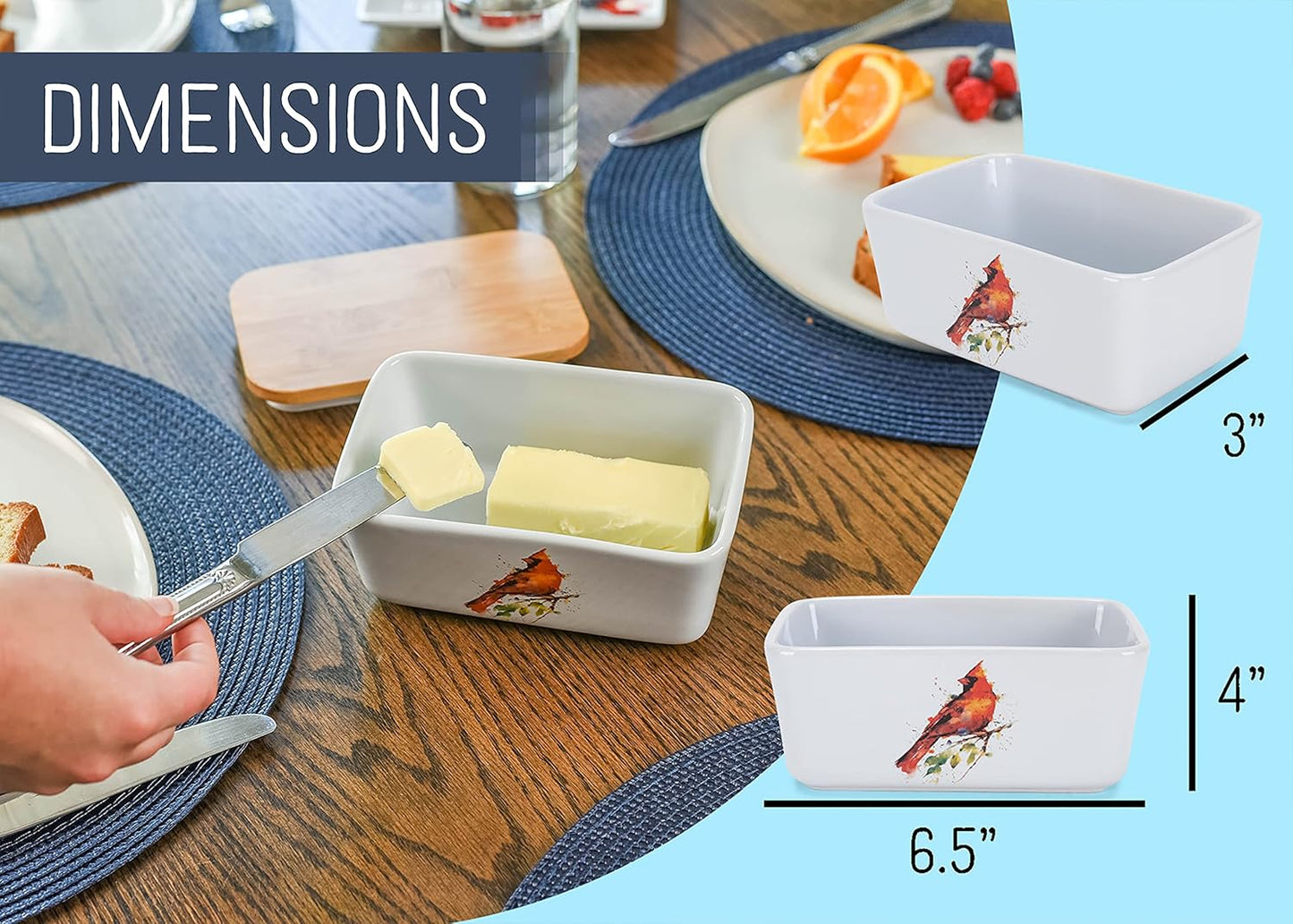Nat & Jules Dean Crouser Ceramic Stoneware 1/2 Pound, 2 Sticks Butter Dish Airtight Bamboo Lid, Kitchen Accessory, Container Holder, Refrigerator Storage, Countertop Organization, Watercolor Cardinal