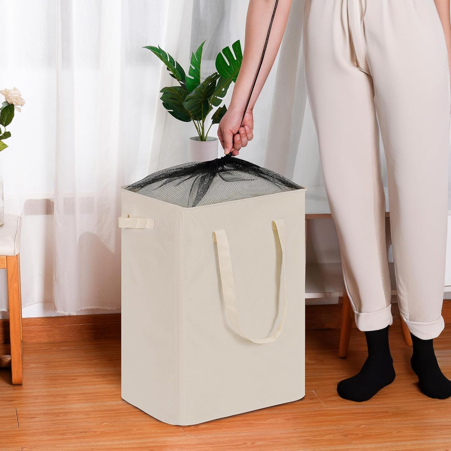 efluky Slim Laundry Basket, Narrow Laundry Hamper with Handles, Collapsible Dirty Clothes Hamper, Tall Laundry Bin for Laundry Room, Dorm and Bedroom, 90L Beige