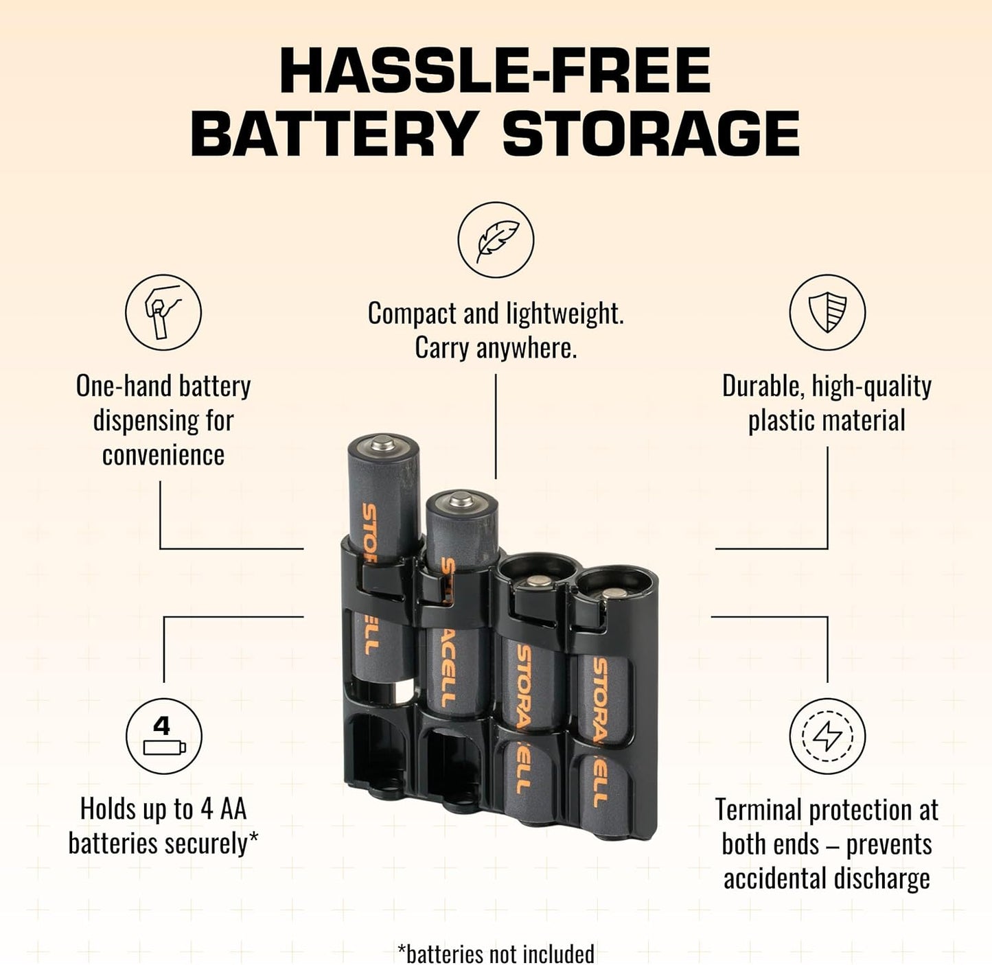 AA Battery Storage Caddy by Storacell, Black, Holds 4 Batteries (Not included)
