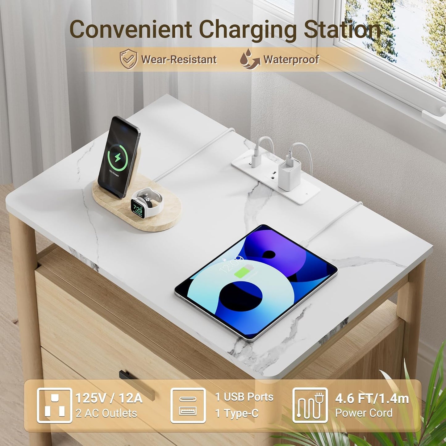 Night Stand Set of 2 with Charging Station, 24" Large Modern Nightstand with Faux Marble Top, 2 Drawers End Table with Solid Round Post Legs&Open Shelf, for Bedroom, Natural Oak