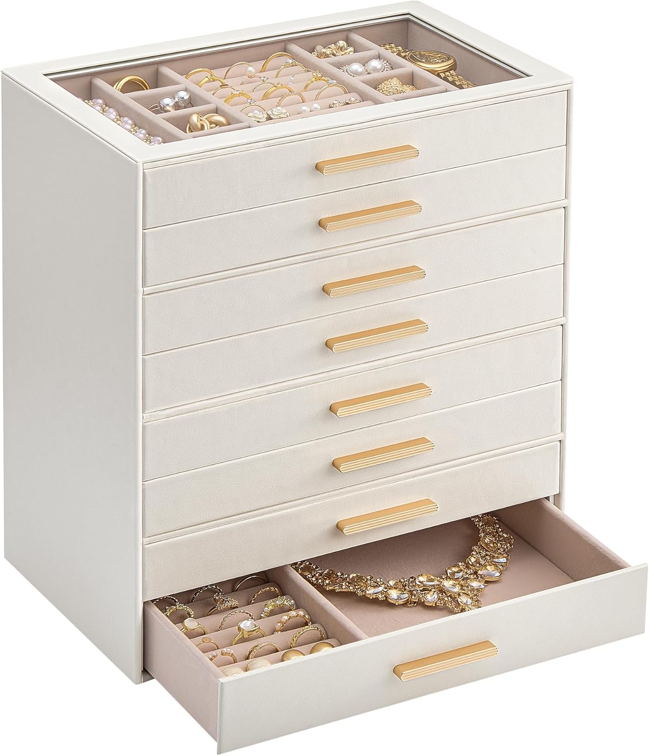 Lolalet Jewelry Box Organizer, 8-Layer Jewelry Organizers and Storage Case with Glass Lid, Ring Earring Bracelet Necklace Holder Organizer, Birthday Christmas Gifts for Women Girls -8Layer, Beige