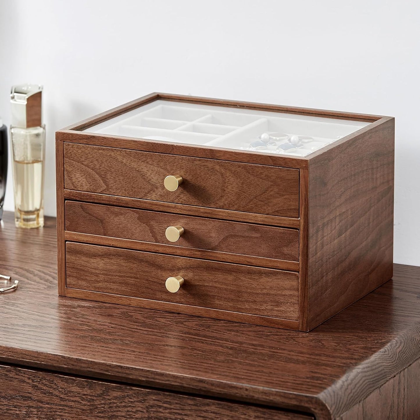 CHOSIN Black Walnut Wooden Jewelry Box for Women, 3-Layer Wood Jewelry Organizer with Glass Lid for Watches, Necklaces, Rings & Earrings Storage Christmas Gifts