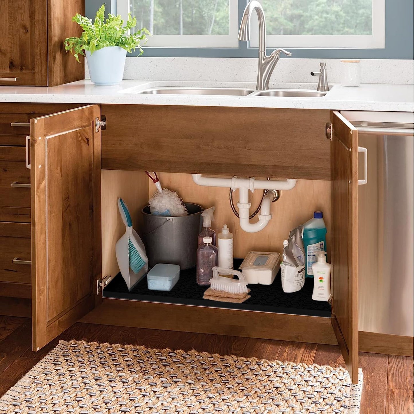 Under Sink Mat for Kitchen, Silicone Waterproof Liner, Flexible Organizer Tray with Drain Hole, 3.4 Gallons Capacity, Easy to Clean