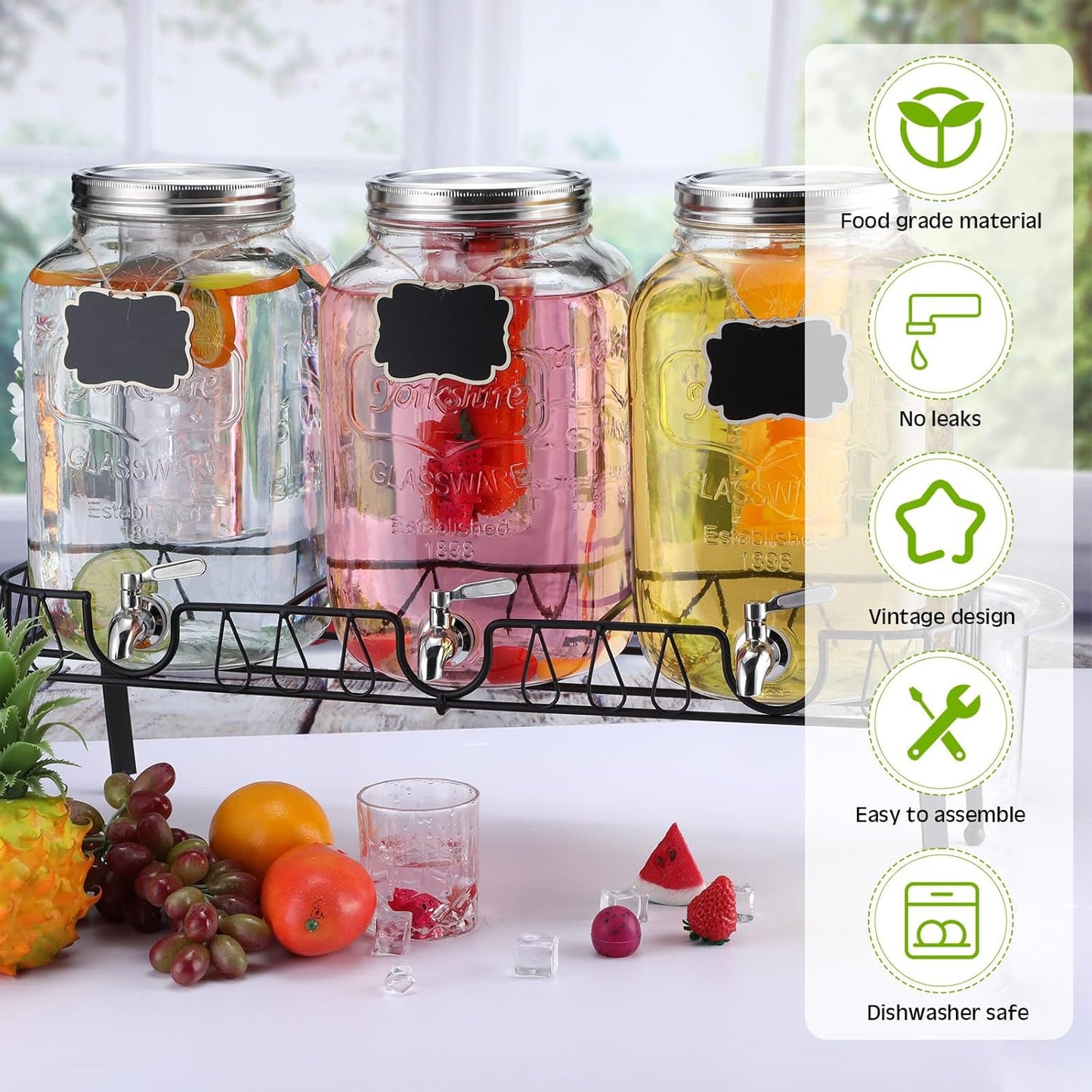 Lallisa 3 Pcs 2 Gallon Glass Drink Dispenser with Stand and Lid Mason Jar Beverage Dispenser with Stainless Steel Spigot, Hanging Chalkboard Signs, Fruit Infuse, Ice Cylinder, Liquid Pen (Silver)