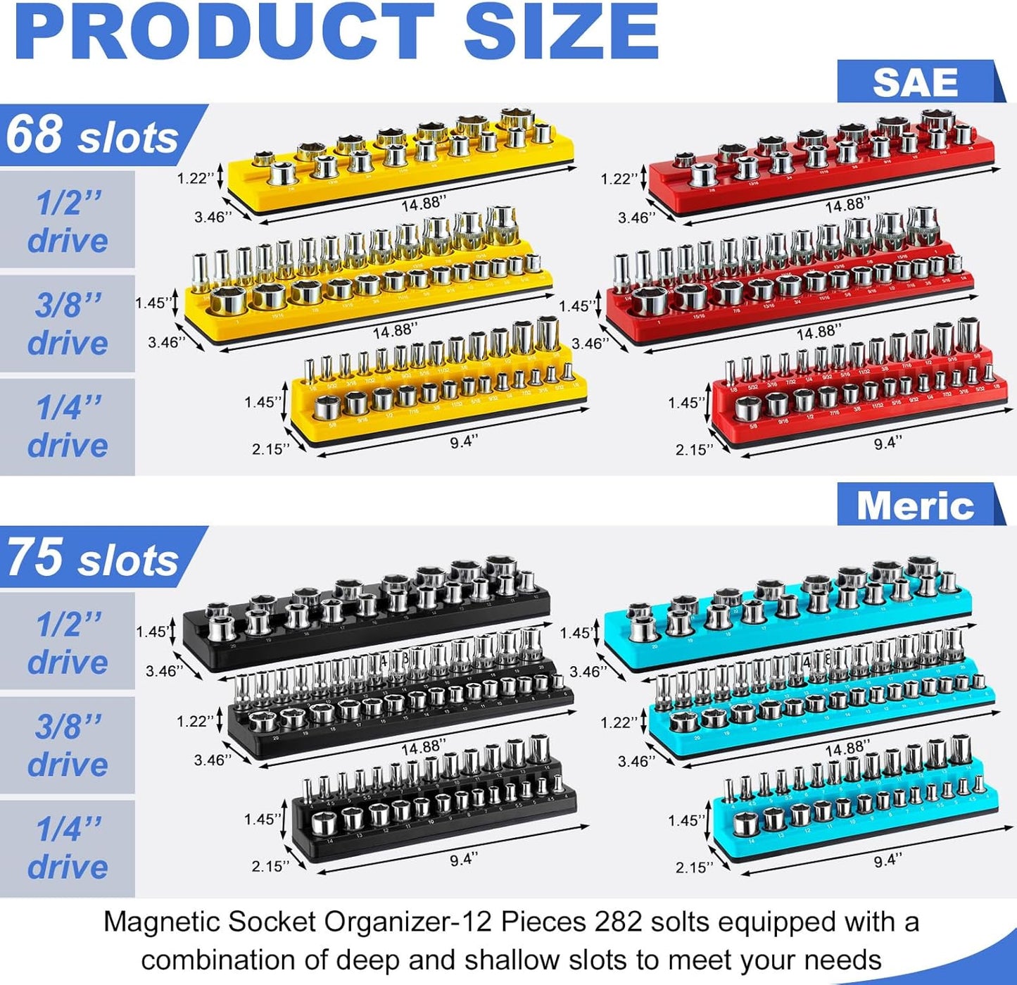 12 Pcs Magnetic Socket Organizer Set Compatible with SAE and Metric Magnetic Holders 1/4'', 3/8'', 1/2'' Drive Socket Trays Hold 286 Standard and Deep Size, No Sockets(Colors B)