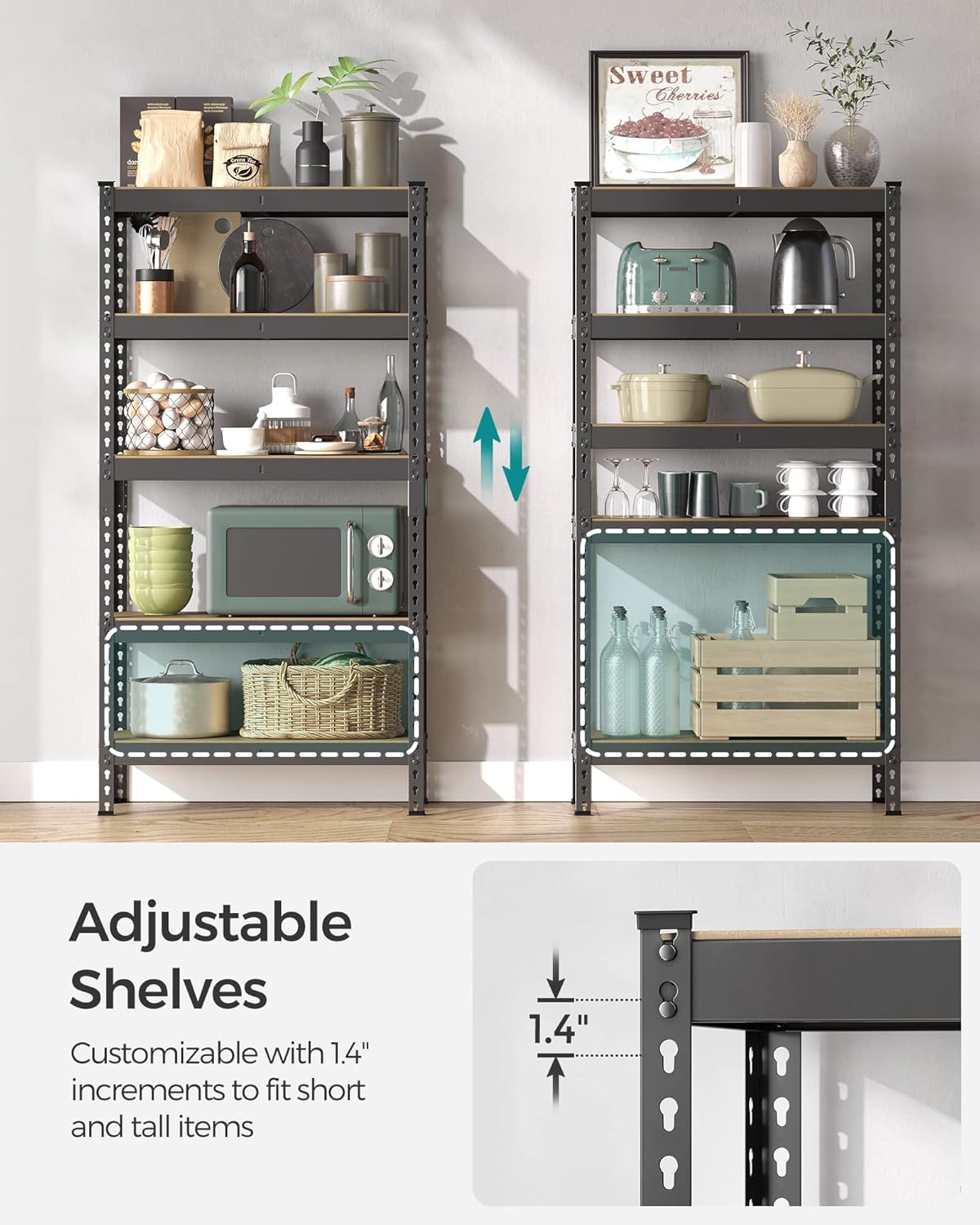 SONGMICS 5-Tier Storage Shelves, Load 2310 lb, Garage Storage, Boltless Assembly, Adjustable Shelving Unit, 11.8 x 29.5 x 59.1 Inches, for Study Shed Basement, Black and Natural Beige UGLR300B01