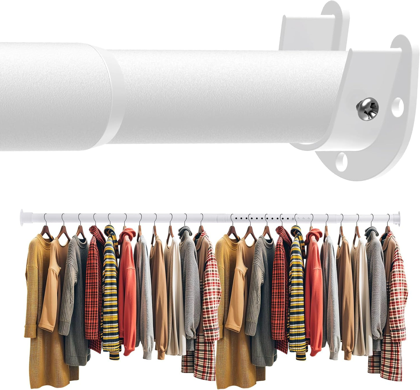 Closet Rod 17-39 Inches, Adjustable Heavy Duty Metal White Closet Rods for Hanging Clothes 1.3 Inches Diameter for Wardrobes Laundry