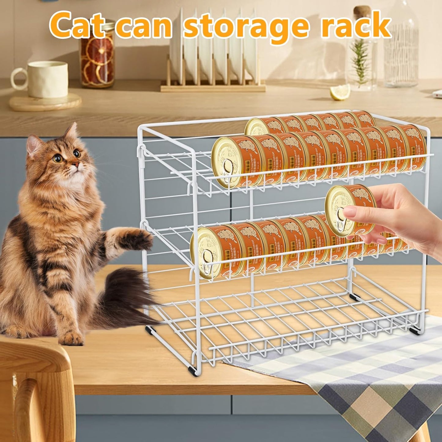 Cat Food Organizer, 3-Tier Stackable Iron Shelf for 45 Cans (3oz) - Pet Food Dispenser, Kitchen Pantry Storage Rack Cabinet, Canned Cat Organizer for Home & Shop