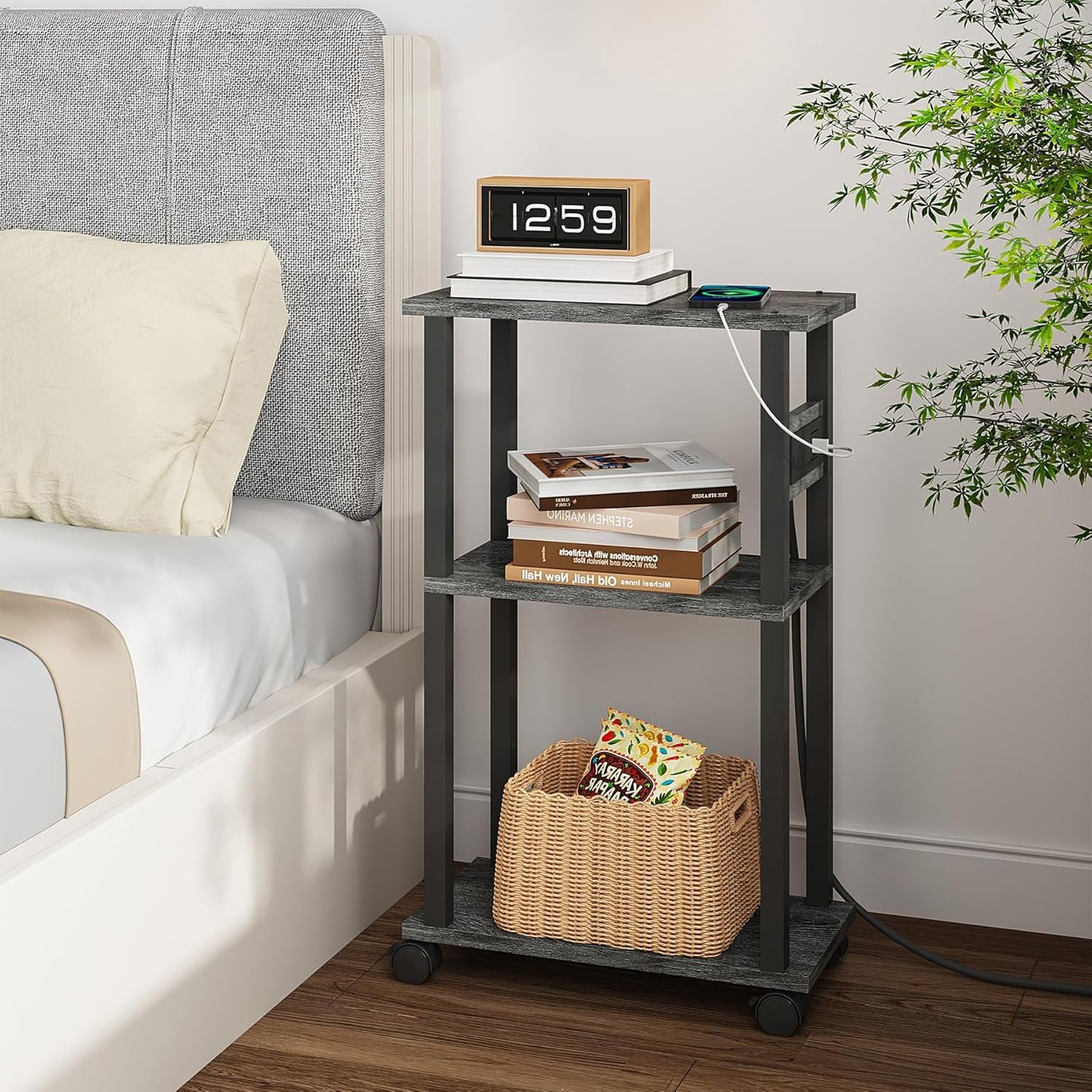 TUTOTAK Small Narrow Side Table with Charging Station, Set of 2, Skinny End Table for Small Spaces, Slim Nightstand with USB Ports and Outlet,Sofa Beside Table with Wheels, Charcoal Grey TB01BY047