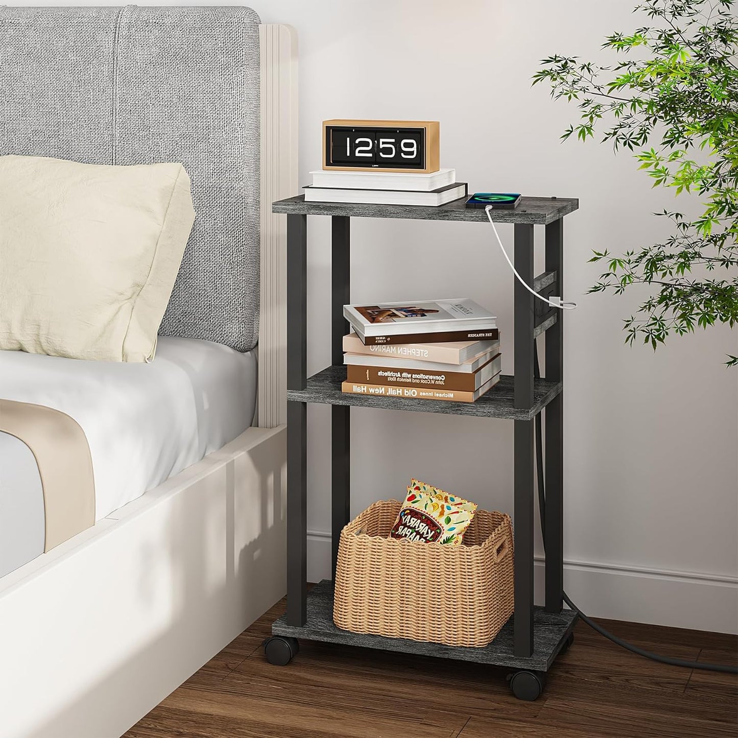 TUTOTAK Small Narrow Side Table with Charging Station, Skinny End Table for Small Spaces, Slim Nightstand with USB Ports and Outlet, Sofa Beside Table with Wheels, Charcoal Grey TB01BY046