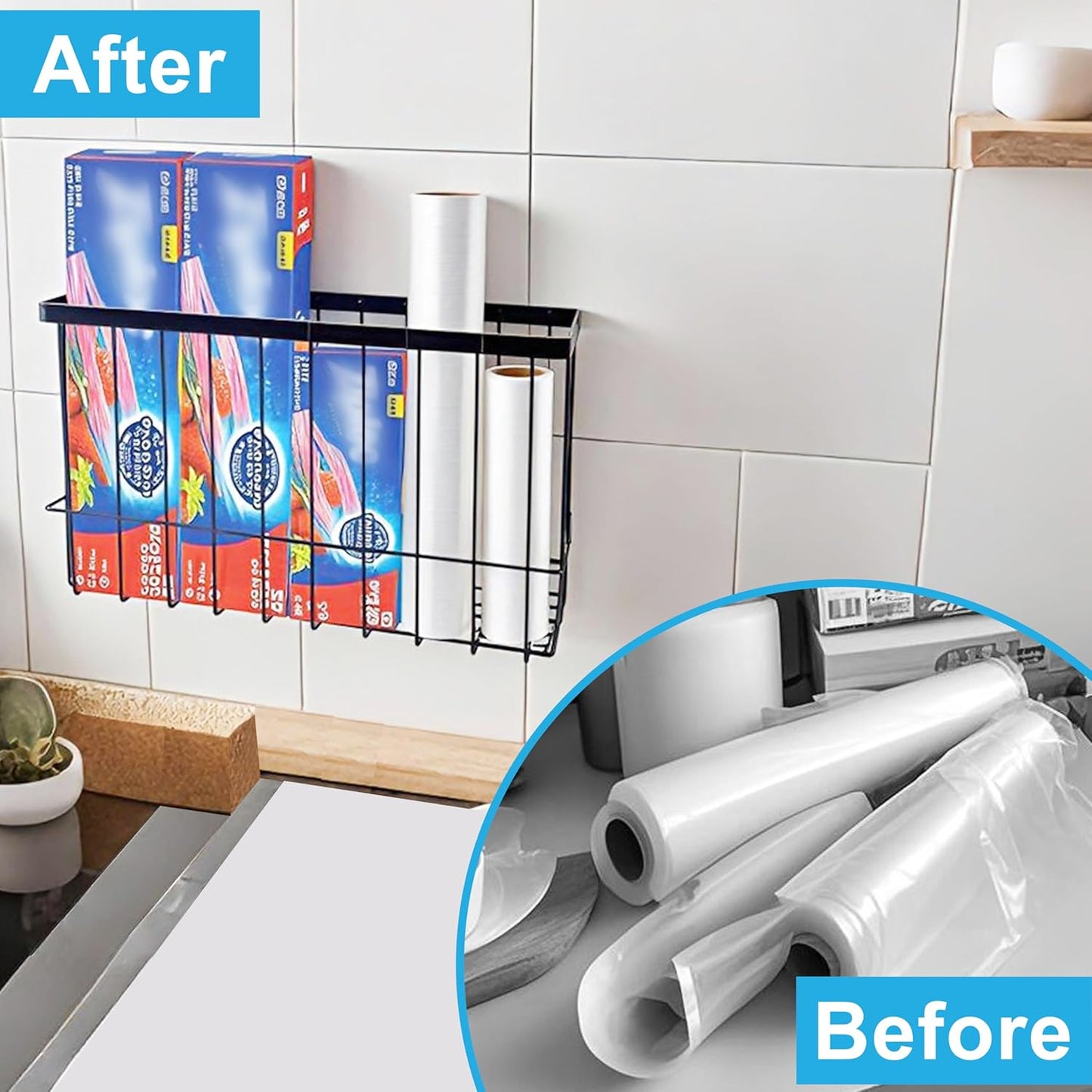 Cabinet Door Organizer Basket 2 Pack, Foil and Plastic Wrap Organizer with 2 Sponges, Lid Organizers Inside Cabinet, Metal Basket for Kitchen Organizers and Storage, Utility, Black (Medium,Large)