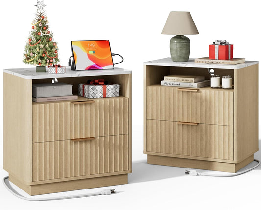 Large Fluted Night Stand Set of 2 with Charging Station, 23" Modern End Table with Faux Marble Top, 2 Drawers Nightstand with Storage for Bedroom Living Room, Curved Profile (Natural Oak)