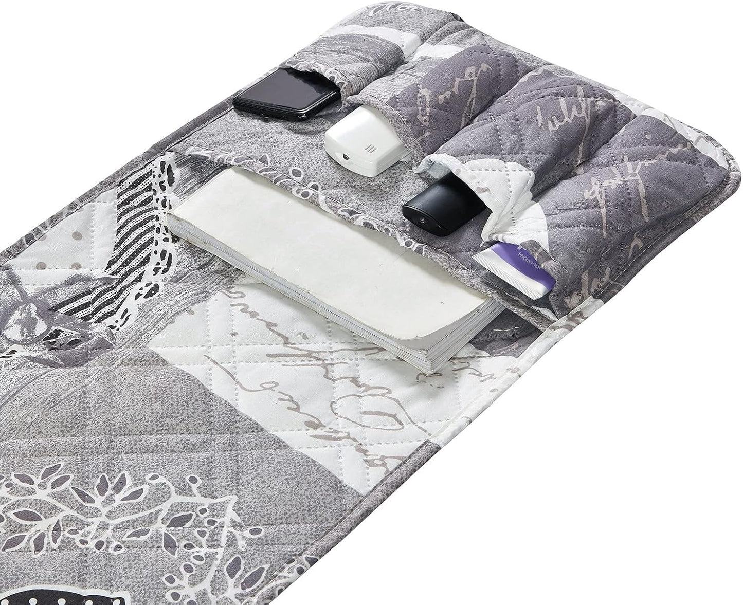 Brilliant Sunshine Grey Heart Love Patchwork Couch Armrest 5 Pockets Organizer, Slip Resistant Armchair Caddy, Washable Remote Controls Holder, Storage for Magazine, Tablet, Phone, 35×13", Grey White