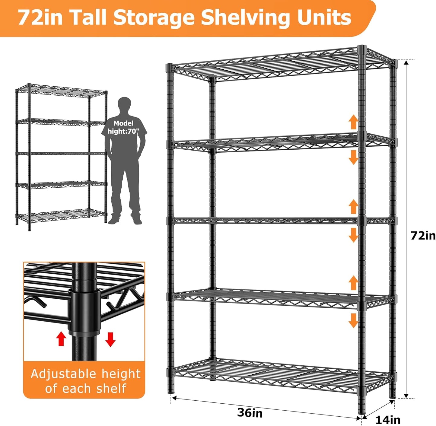 Storage Shelves Heavy Duty, 2 PCS 36" L x 14" W x 72" H Garage Wire Shelving Unit Loads 1750LBS, 5-Tier Adjustable Metal Industrial Utility Shelf Rack for Kitchen, Laundry Room, Warehouse, Basement