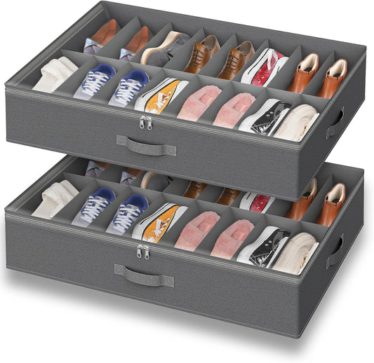 2 Pack Under Bed Shoe Storage Organizer for Closet, Fits Total 32 Pairs Foldable Underbed Shoes Containers Boxes Under the Bed Storage with Sturdy Handles&Clear Window for College Dorms, Light Grey