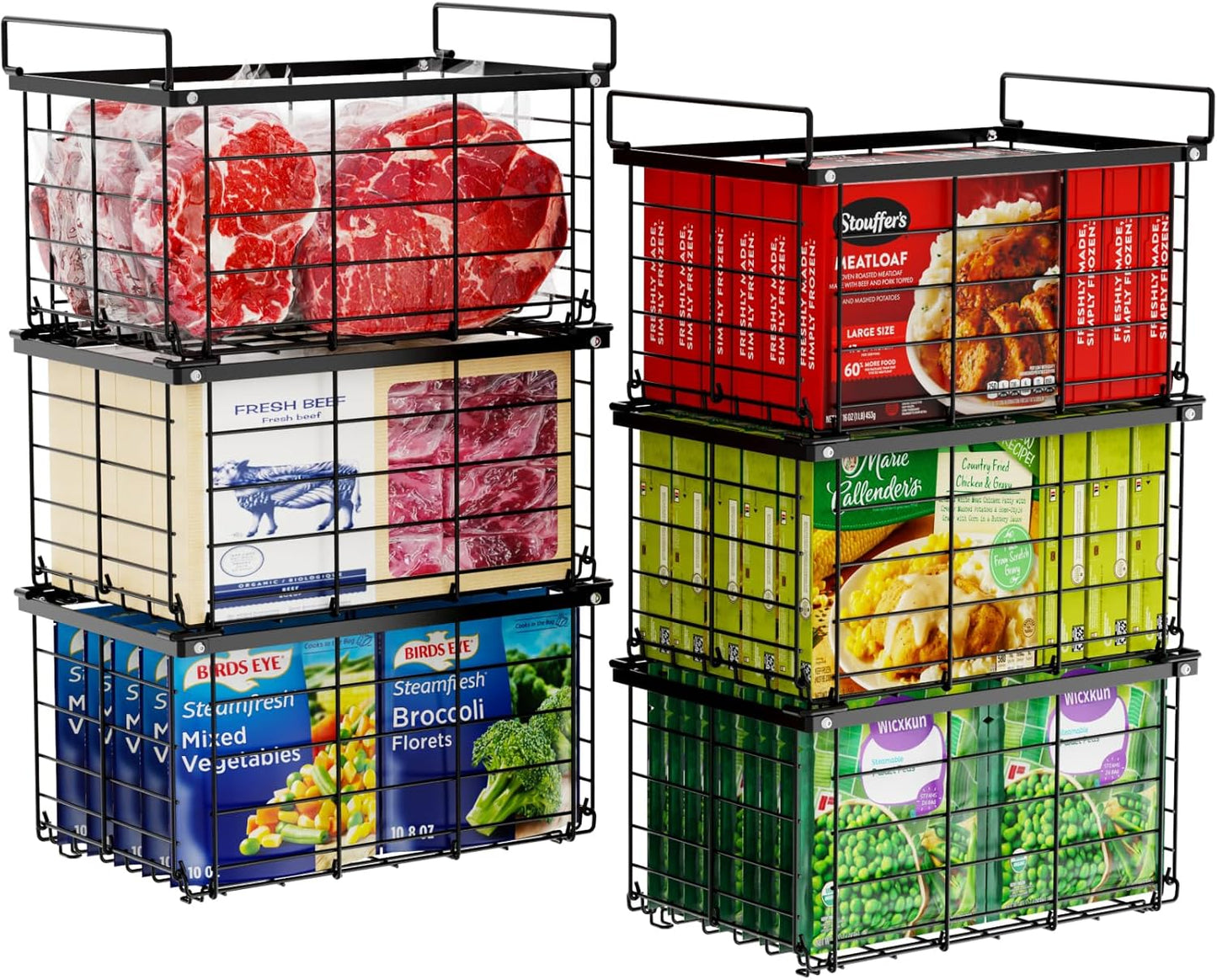iSPECLE Freezer Organizer - 6 Pack Large Freezer Organizer Bins for 5 to 7 Cu.Ft Chest Freezer, Stackable Easy Access Food No More Digging, Sturdy Metal Wire Basket Not Scratch Bottom, Black
