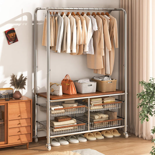 Rolling Clothing Garment Rack for Hanging Clothes–Portable Indoor Wardrobe Closet Organizer Shelves Metal Hanger Stand Heavy Duty Coat Drying Storage Racks with Wheels 15.7"Dx37"Wx67.7"H Chrome