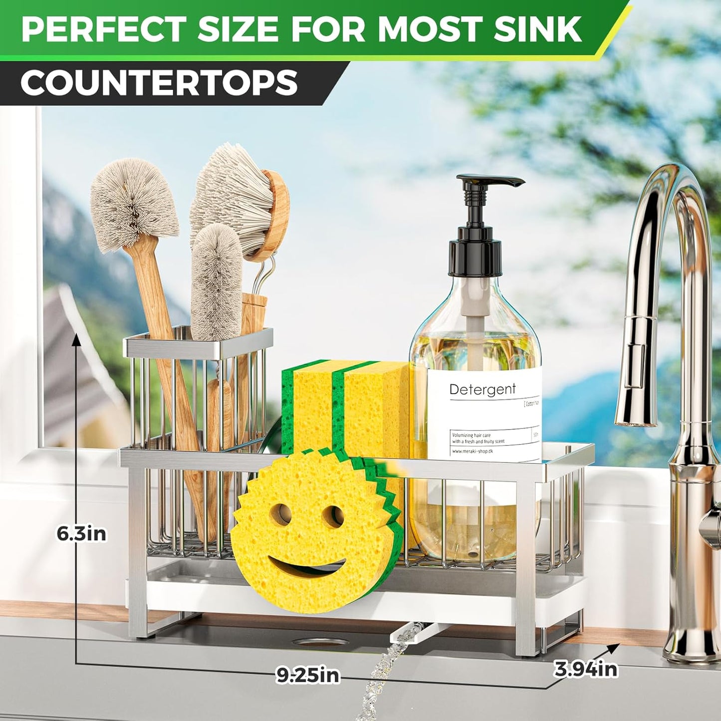 Sponge Holder for Kitchen Sink,Sink Caddy with Removable Dish Brush Holder,Self-Draining Kitchen Countertop Organizers and Storage Essentials,Soap Dispenser Organize and Home Decor-Silver
