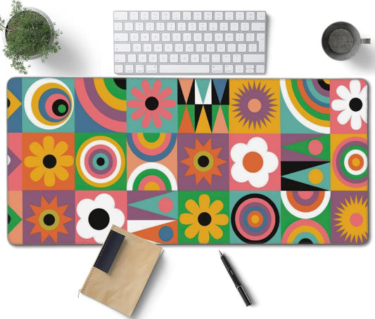 Cute Colorful Flowers Large Mouse Pad, Vintage Aesthetic Gaming Desk Mat, XXL Keyboard Desk Pad Mat for Desktop, 35.4"x15.7" Non-Slip Base Big Mousepad with Stitched Edges