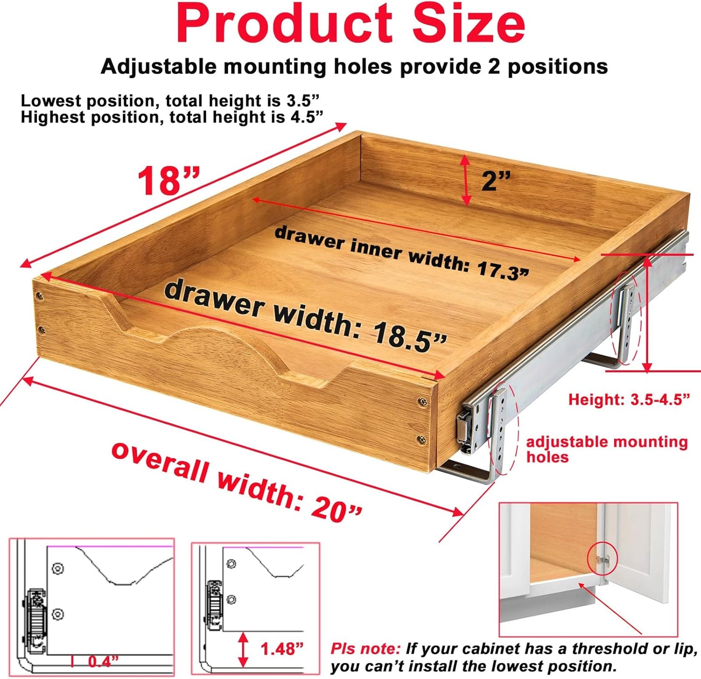 DINDON Pull Out Cabinet Organizer (20" W x 18" D) 1 Tier，Single Tier Oak Wood Under Cabinet Slide Out Shelf Drawer Box…