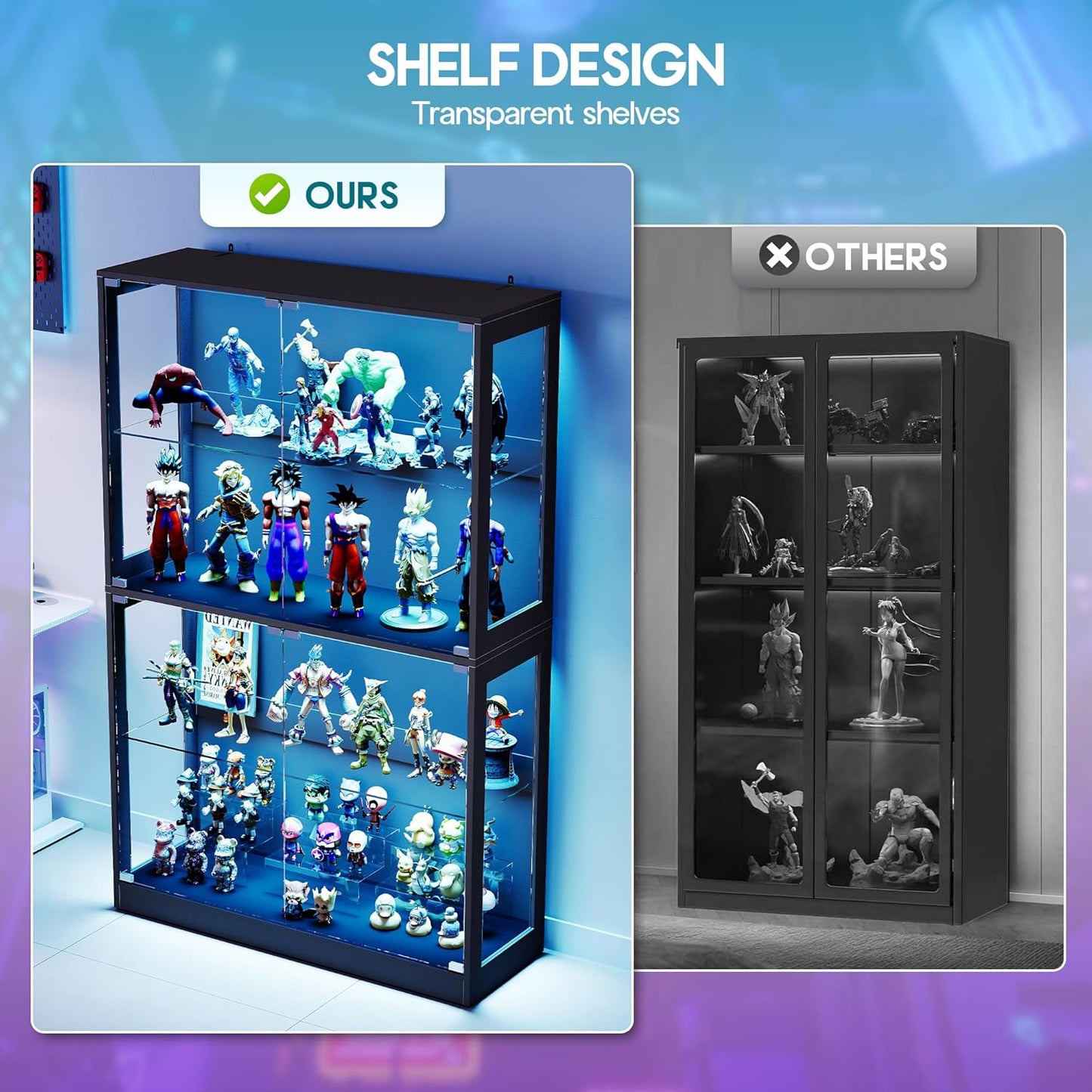 AMERLIFE RGB Display Cabinet with Adjustable Glass Shelves, 4-Tier Storage Case with LED Lights & Press-to-Open Doors, Modern Display Shelf for Collectibles, Black 70" H×60" L×16" D