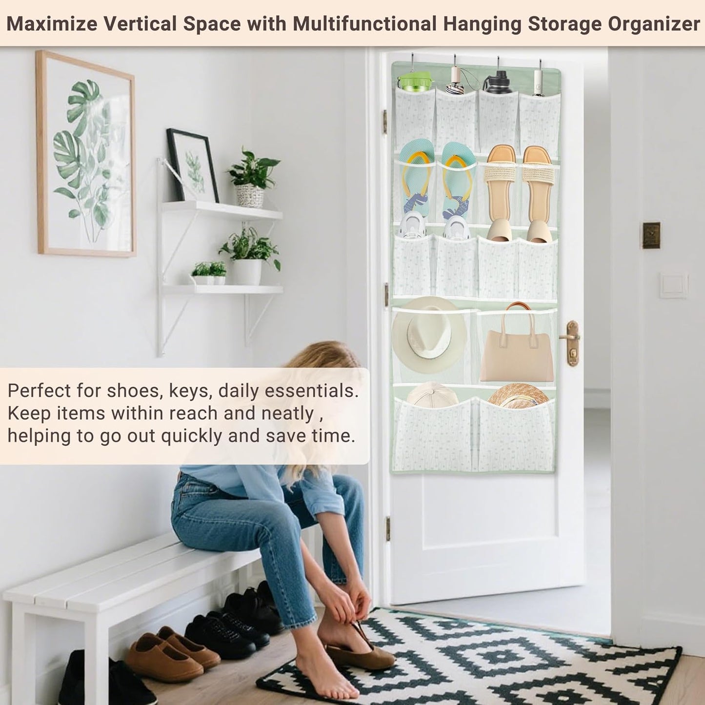 16 Pockets Over Door Hanging Organizer,Back of Door Shoes Organizer with 4 Kind of Pouches,Behind Closet Hanging Shelf Holder for Sock,Hat,Underwear,Travel Outfit,Storage Organization for Home,Dorm,RV