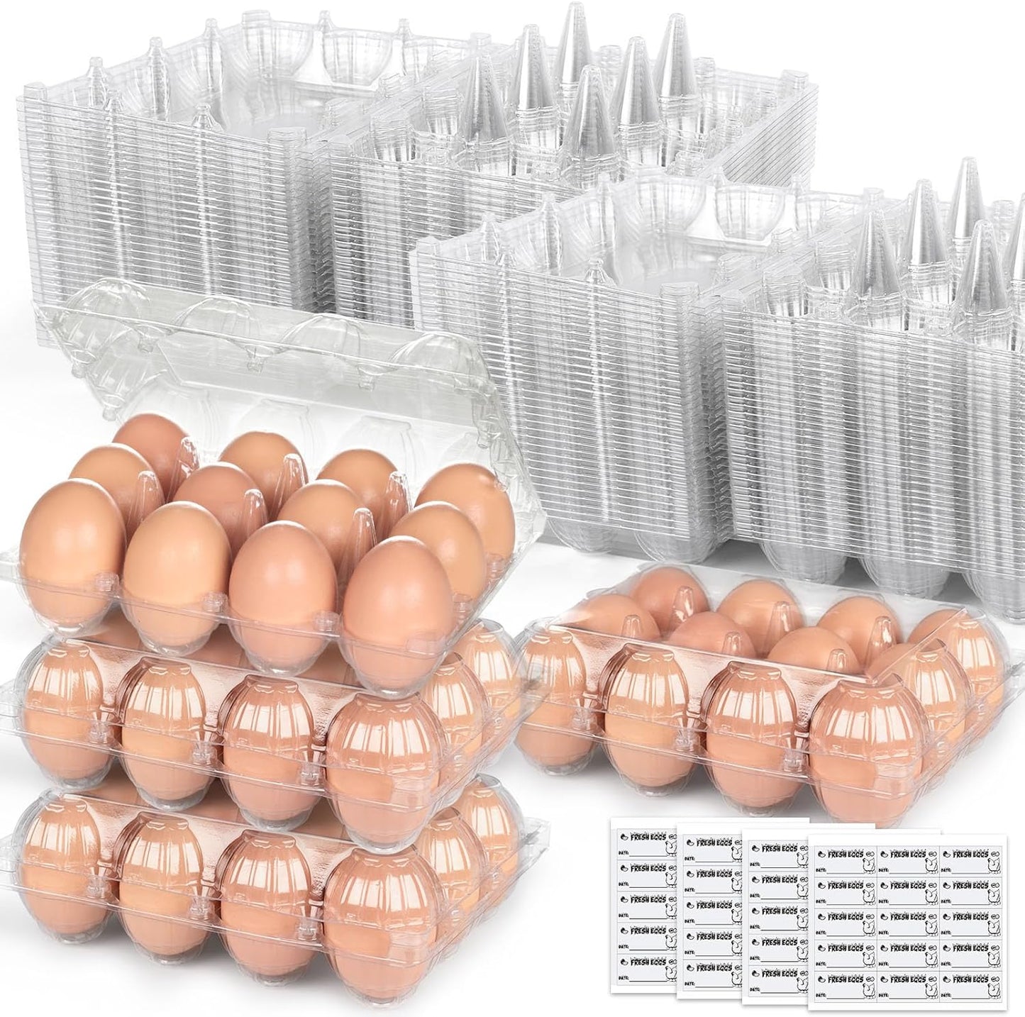 LOVEINUSA 100 PCS 12 Count Plastic Egg Cartons, with 105PCS Date Labels, Bulk Cheap Clear Reusable Egg Holder for Fresh Medium Eggs Storage, Suitable for Farms, Families, Markets Display