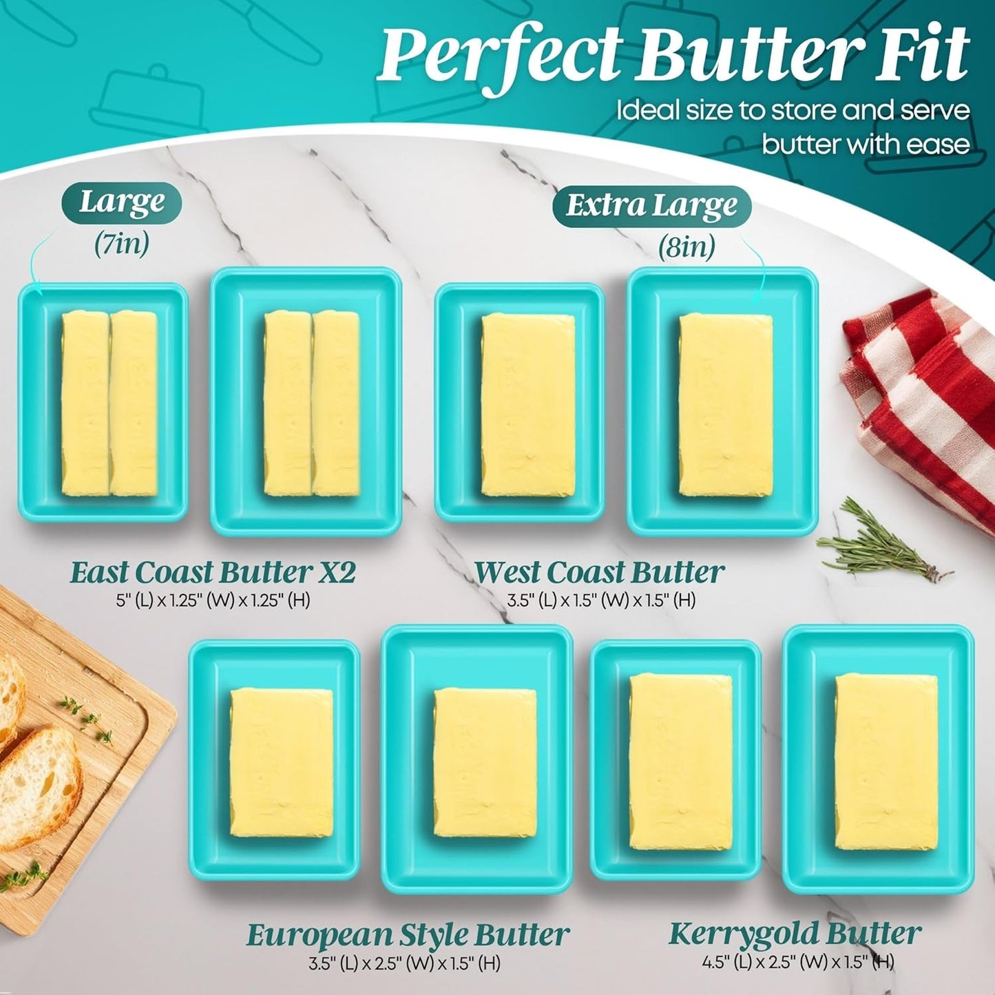 Flexzion Ceramic Blue European Butter Dish with Lid for Countertop (8 Inch) - Wide 2 Stick Double Butter Holder for Counter, Cream Cheese Container Storage Keeper
