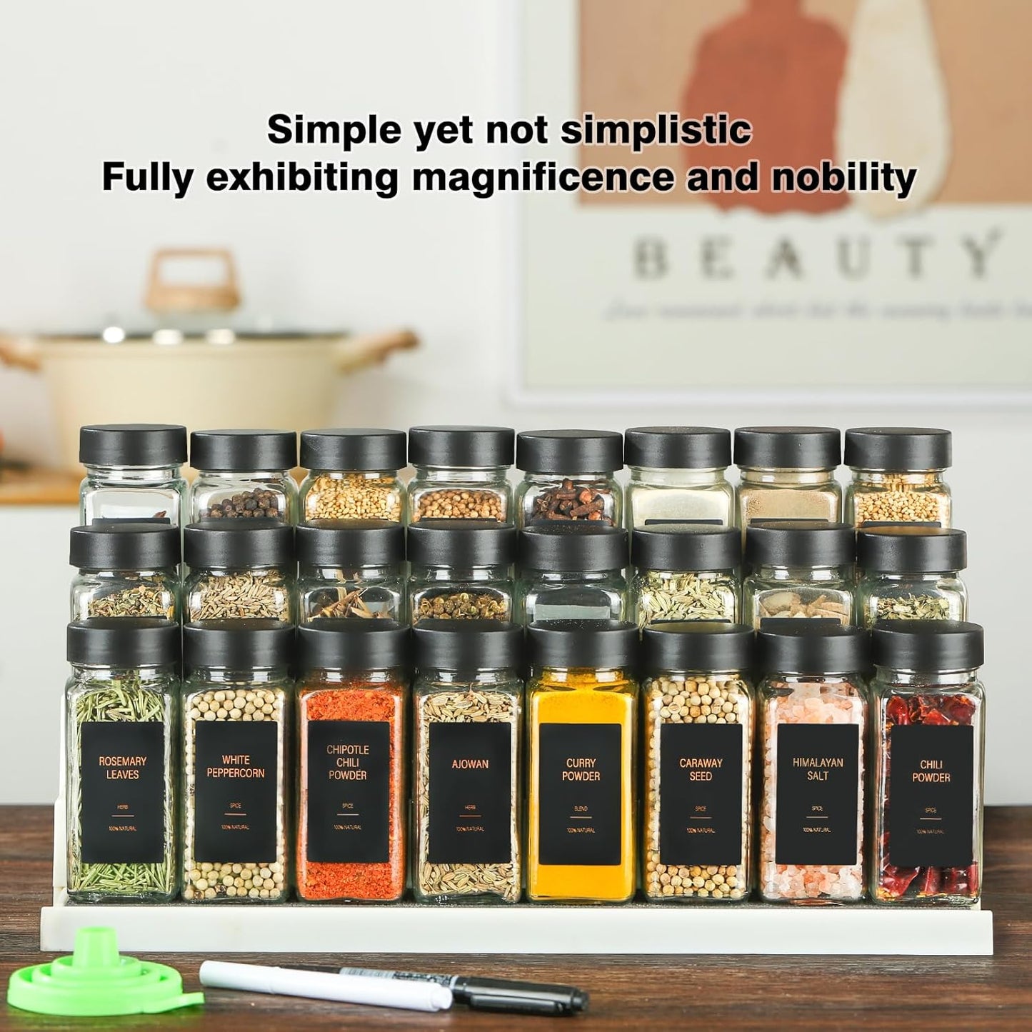 Spice Jars with Label，4oz Glass Spice Bottles With Shaker Lids，Seasoning Containers with Funnel, Chalk Pen for Cabinet，Drawer，Rack (Black, 48)