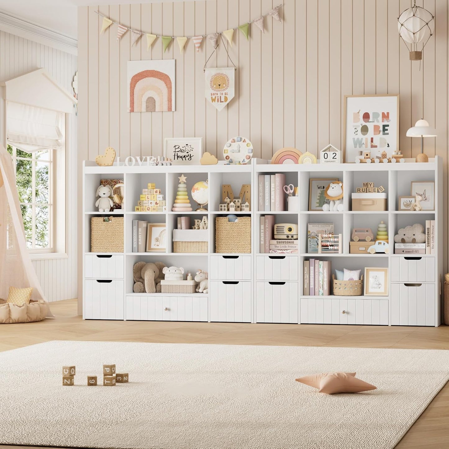HORSTORS 48"W Kids Toy Storage Organizer, Large Toy Storage Chest with Removable Bins, 46"H Kids Bookshelf and Bookcase with Drawers for Boys and Girls, Modern Toy Box for Playroom, Classroom, White