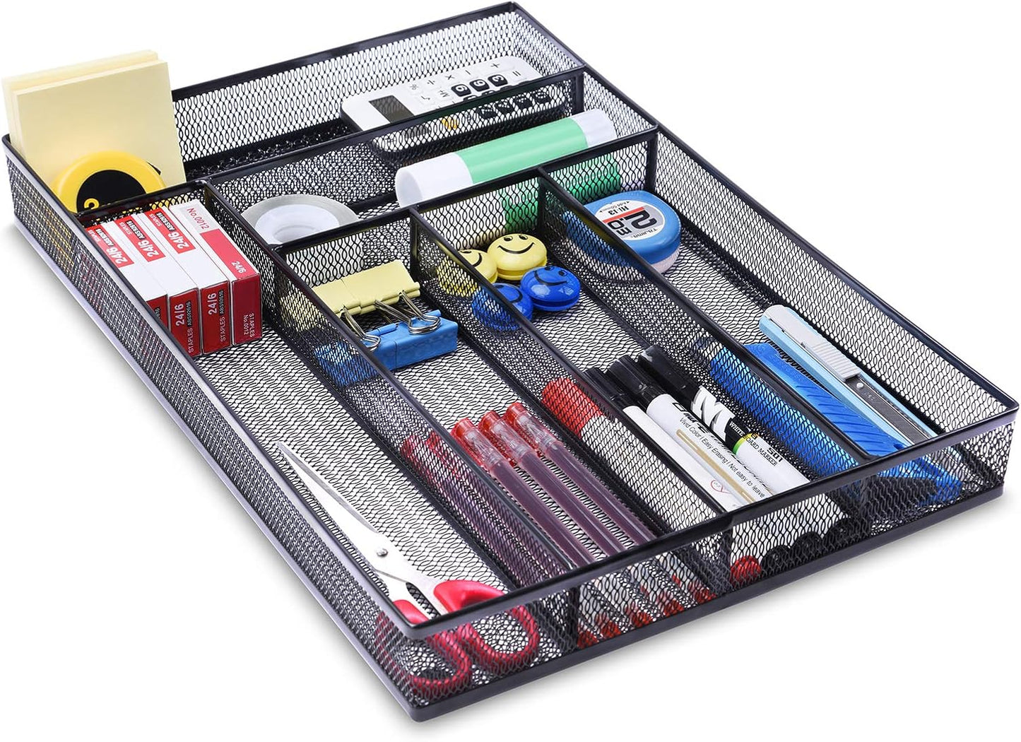 WuGeShop Desk Drawer Organizer with 6 Compartments, Mesh Drawer Organizer Tray for Stationery, Office Supplies Desktop Storage, Black
