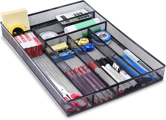 WuGeShop Desk Drawer Organizer with 6 Compartments, Mesh Drawer Organizer Tray for Stationery, Office Supplies Desktop Storage, Black