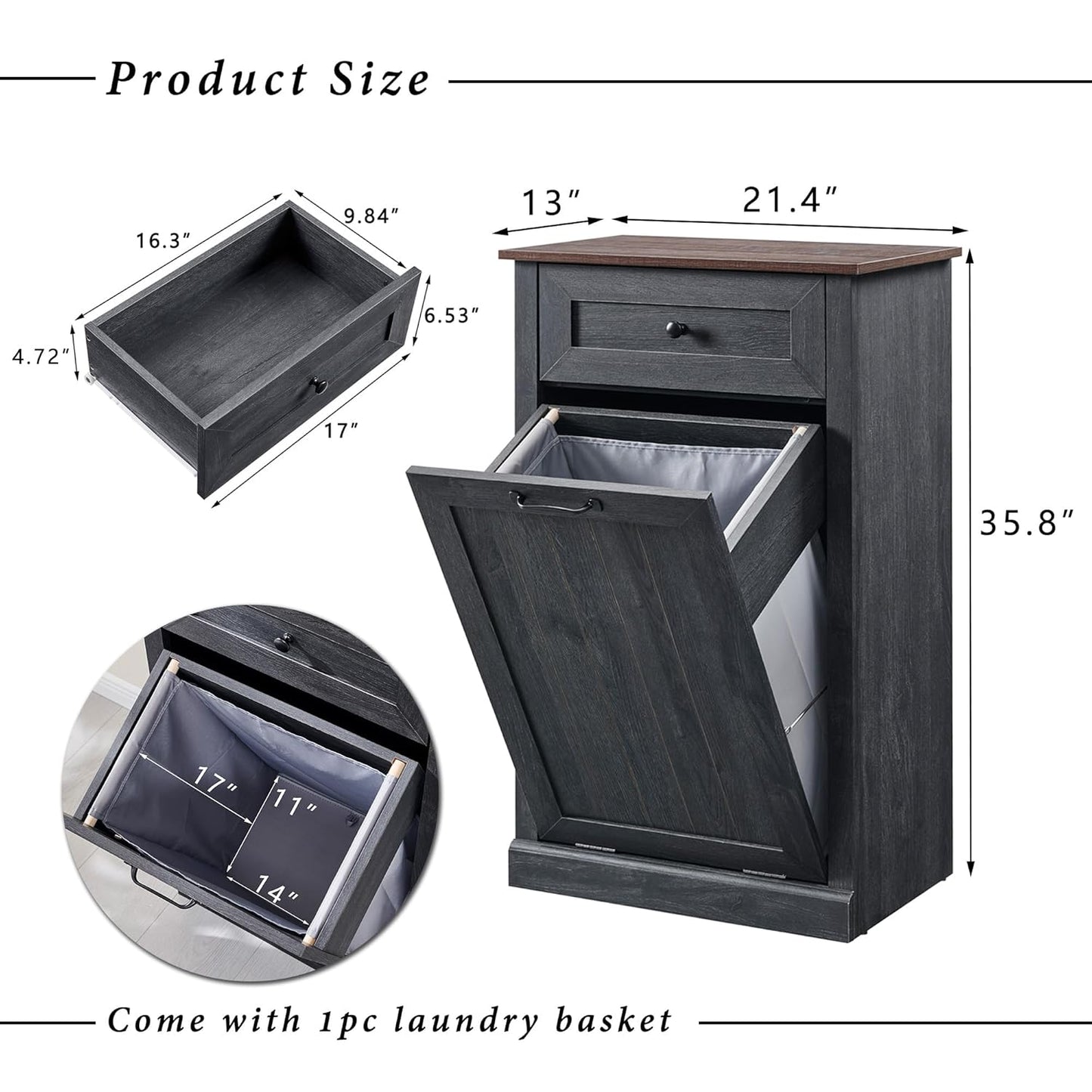 Tilt Out Trash Can Cabinet, 10 Gallon Farmhouse Laundry Hamper Cabinet with Drawer, Hidden Wooden Trash Garbage Can Bin with Storage Basket for Kitchen, Living Room (Dark Grey)