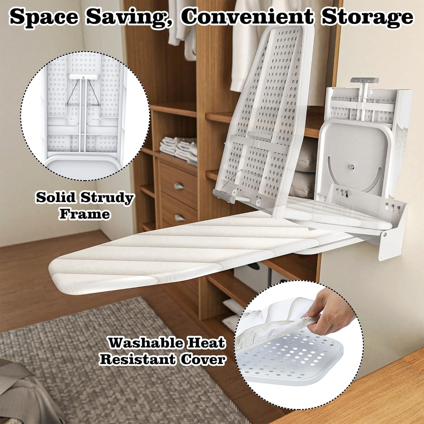 Wall-Mounted Ironing Board 37.4" x 11.8" Compact Mount Fold Down Iron Board Foldable 180° Swivel Iron Board with Heat Resistant Cover Space Saving for Home Laundry Room, Apartment, Dorms